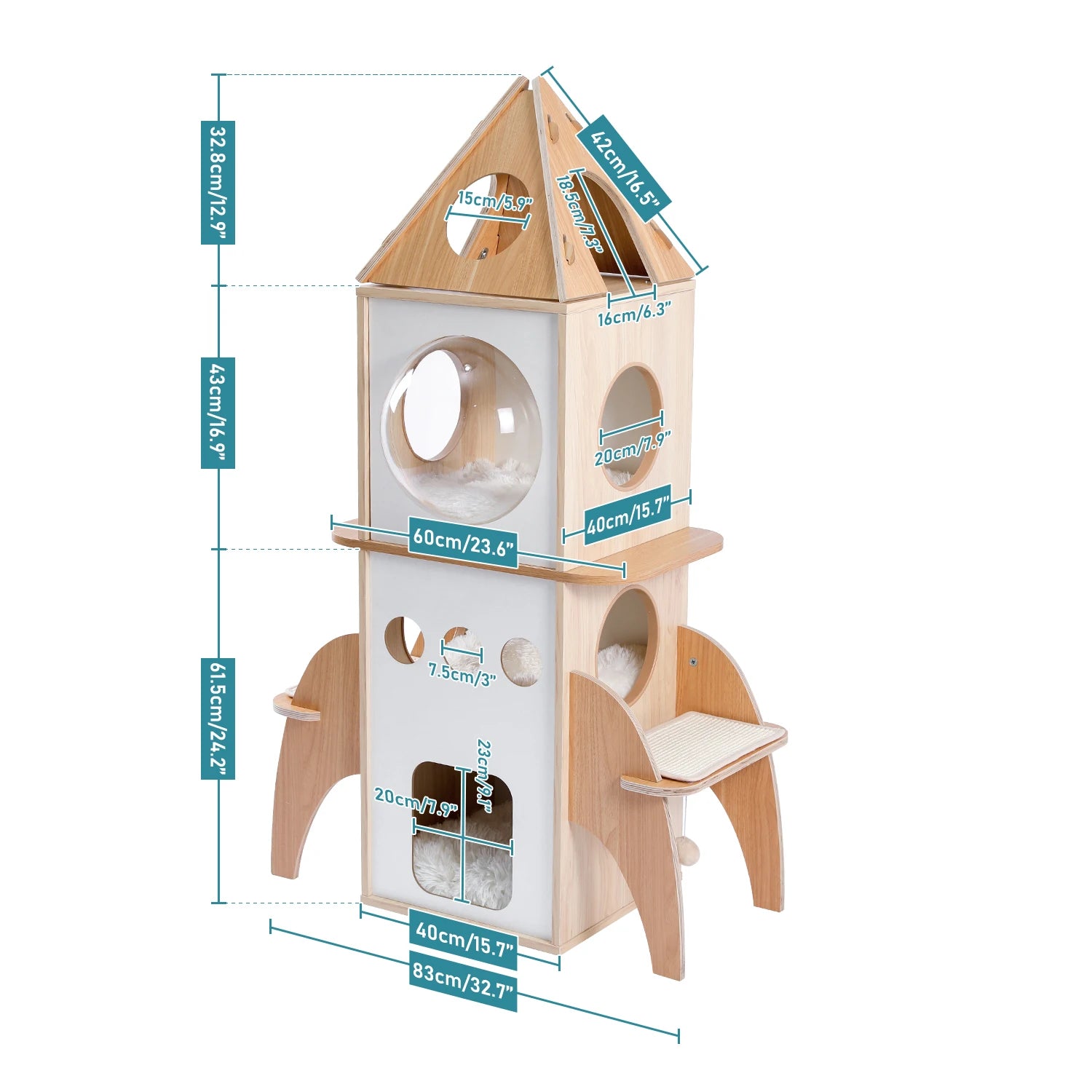 Rocket Cat Tree Tower Multilevel Scratching  Posts, Wooden Cat Tower