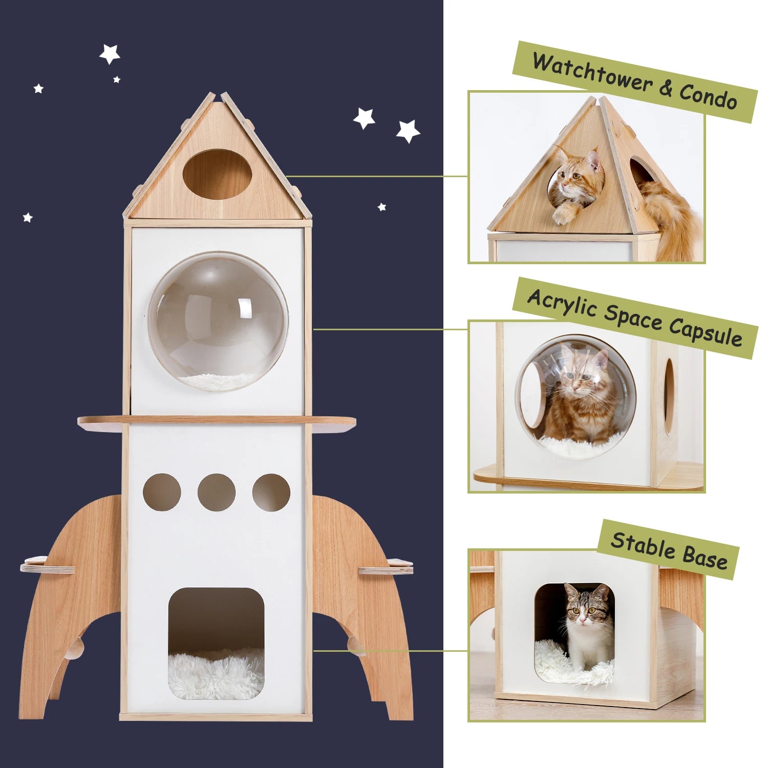 Rocket Cat Tree Tower Multilevel Scratching  Posts, Wooden Cat Tower