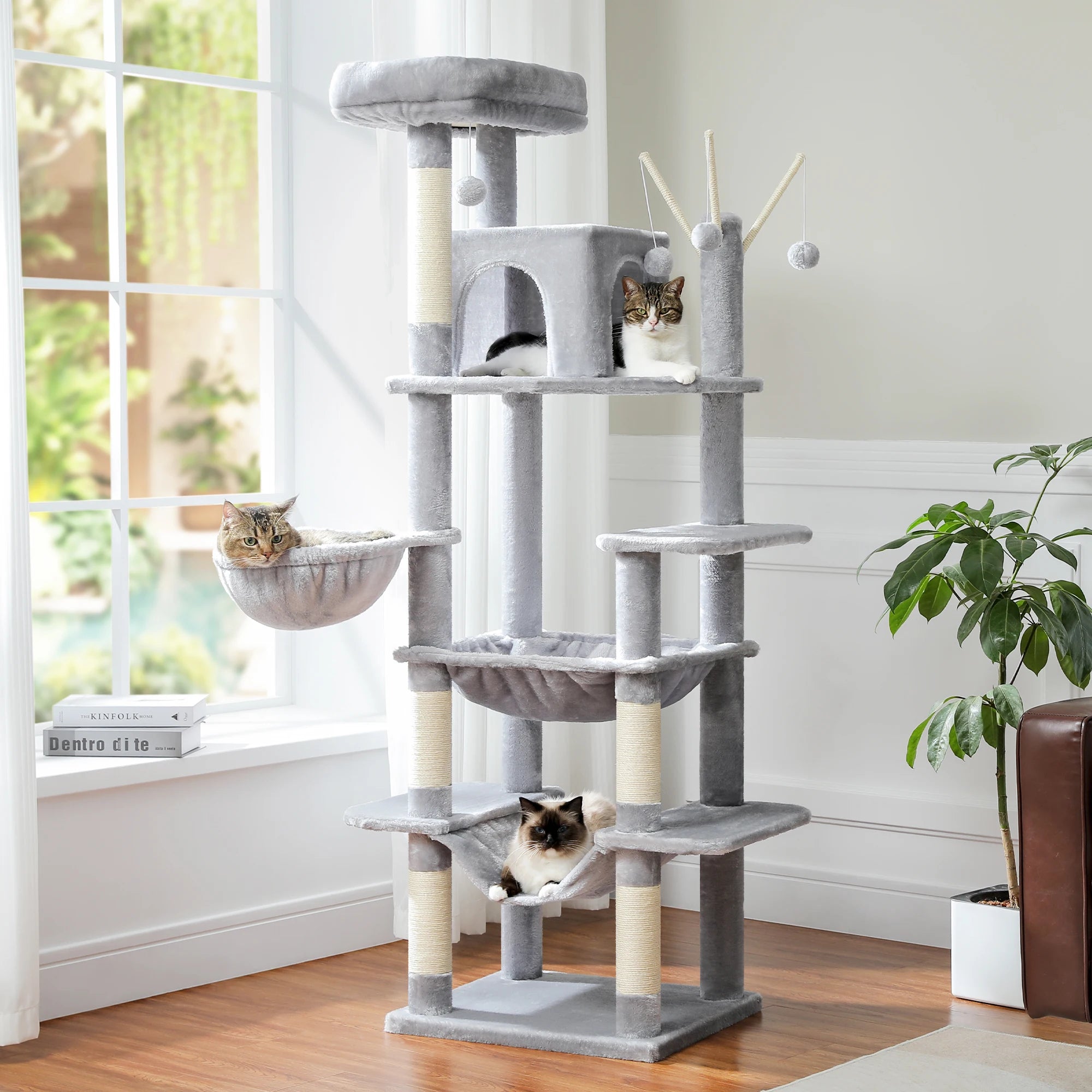 Tall Cat Tower for Cats with Super Big Hammock with Scratching Post