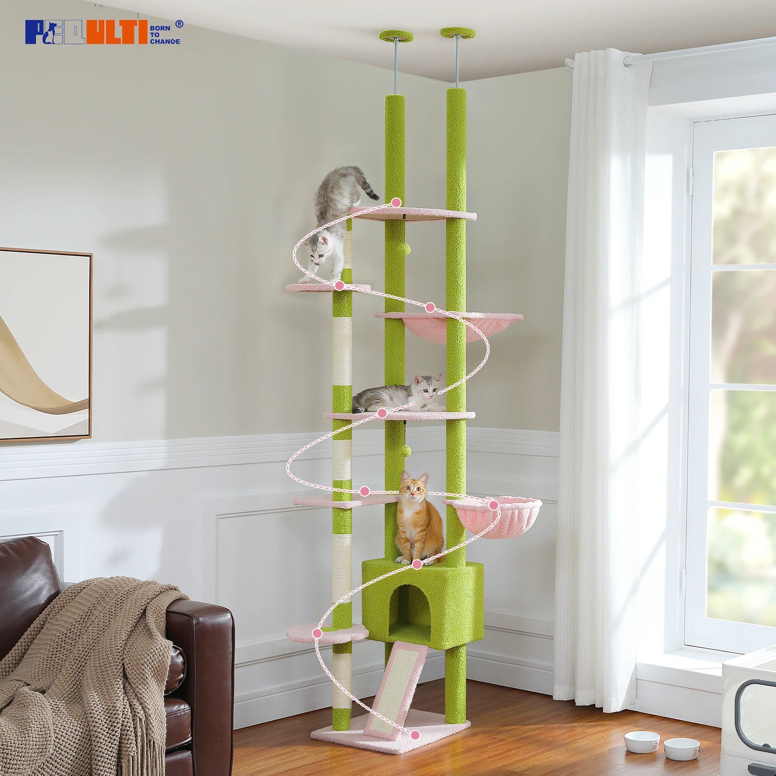 Floor to Ceiling Cat Tower Adjustable Height with Cat Condo Cozy Hammock and Scratching Post