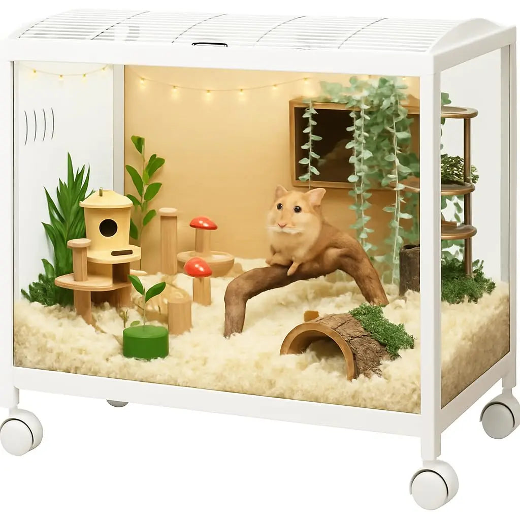 ,360° Viewing Transparent Hamster Habitats with Universal Wheels, Chew-Proof Dual Door