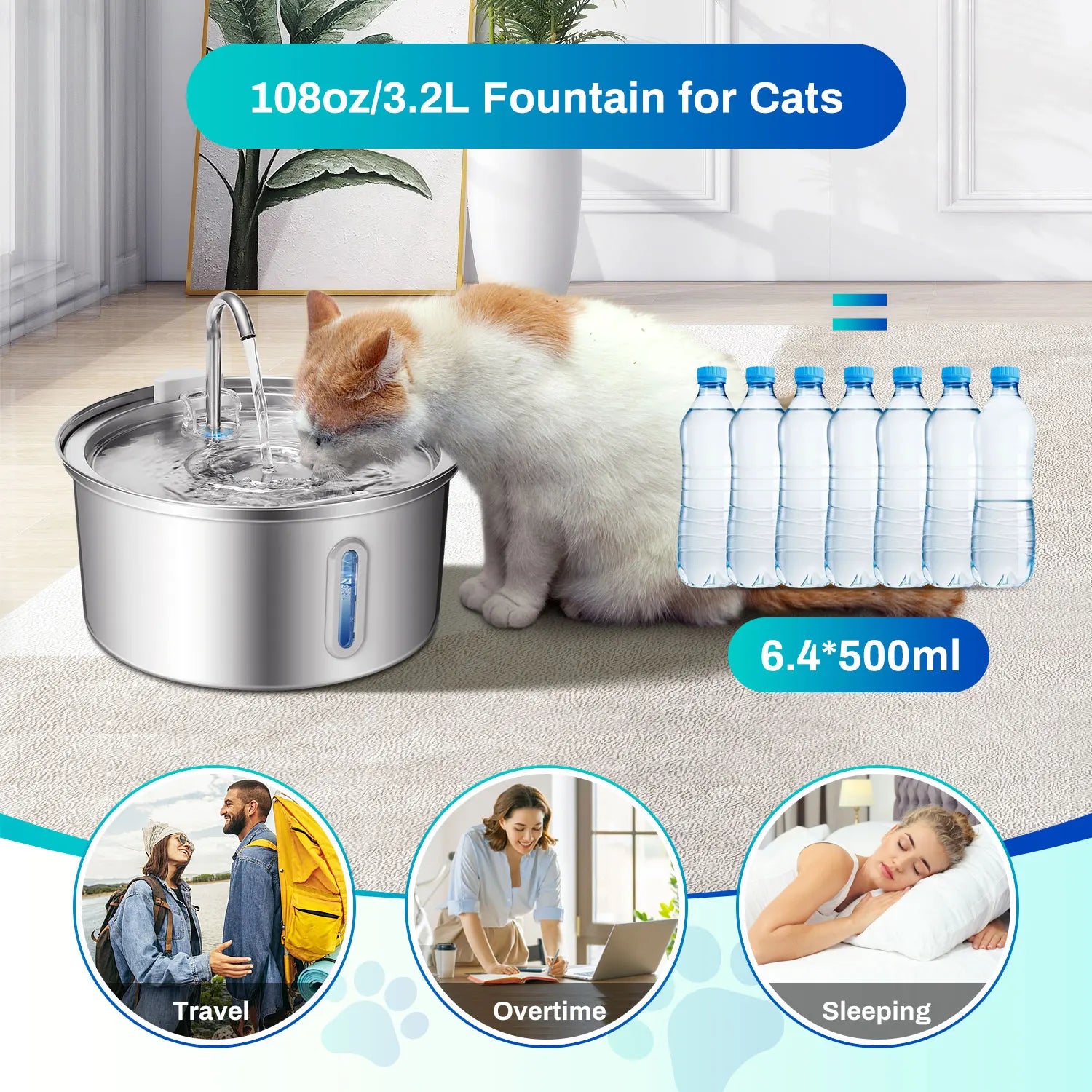 108oz/3.2L Pet Water Fountain With Ultra Quiet Pump, Filtration System, Water Level Window