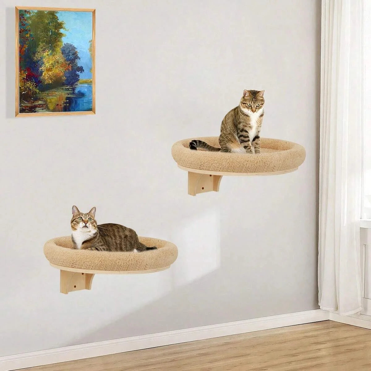 Cat Wall Mounted Solid Wooden Furniture Climbing Ladder and  Hammock with Scratching Post for Activity