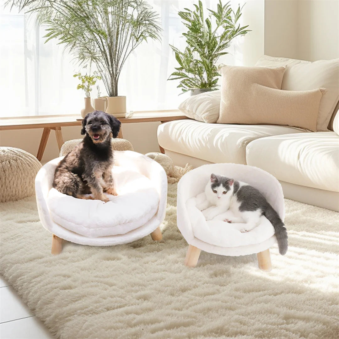 Luxury Cat Bed Soft Warm Plush Fabric Pet Nesting Chair Bed Stool Wood Legs with Cushion Pad Washable Waterproof