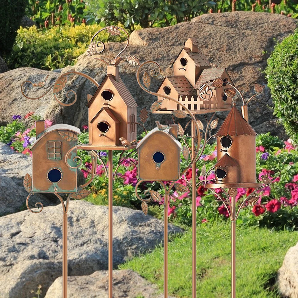 Metal Art Cottage Easy To Assemble Stylish Reasonable Structure Long Lasting Garden Decor Cottage Bird House Stakes for Yard