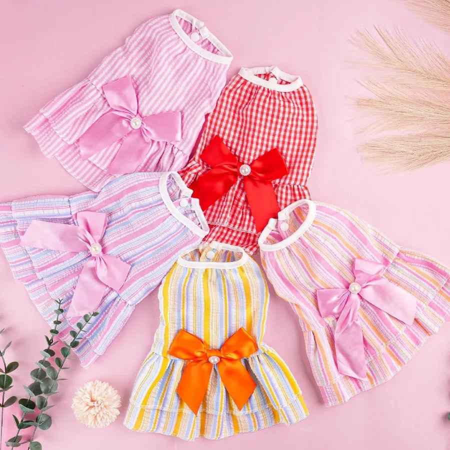 2 Pieces Dog Dress Princess Stripe Pet Dresses for Small Dogs Cute Bowknot Dog Summer Clothes for Dogs Cats Pets Puppy Chihuahu