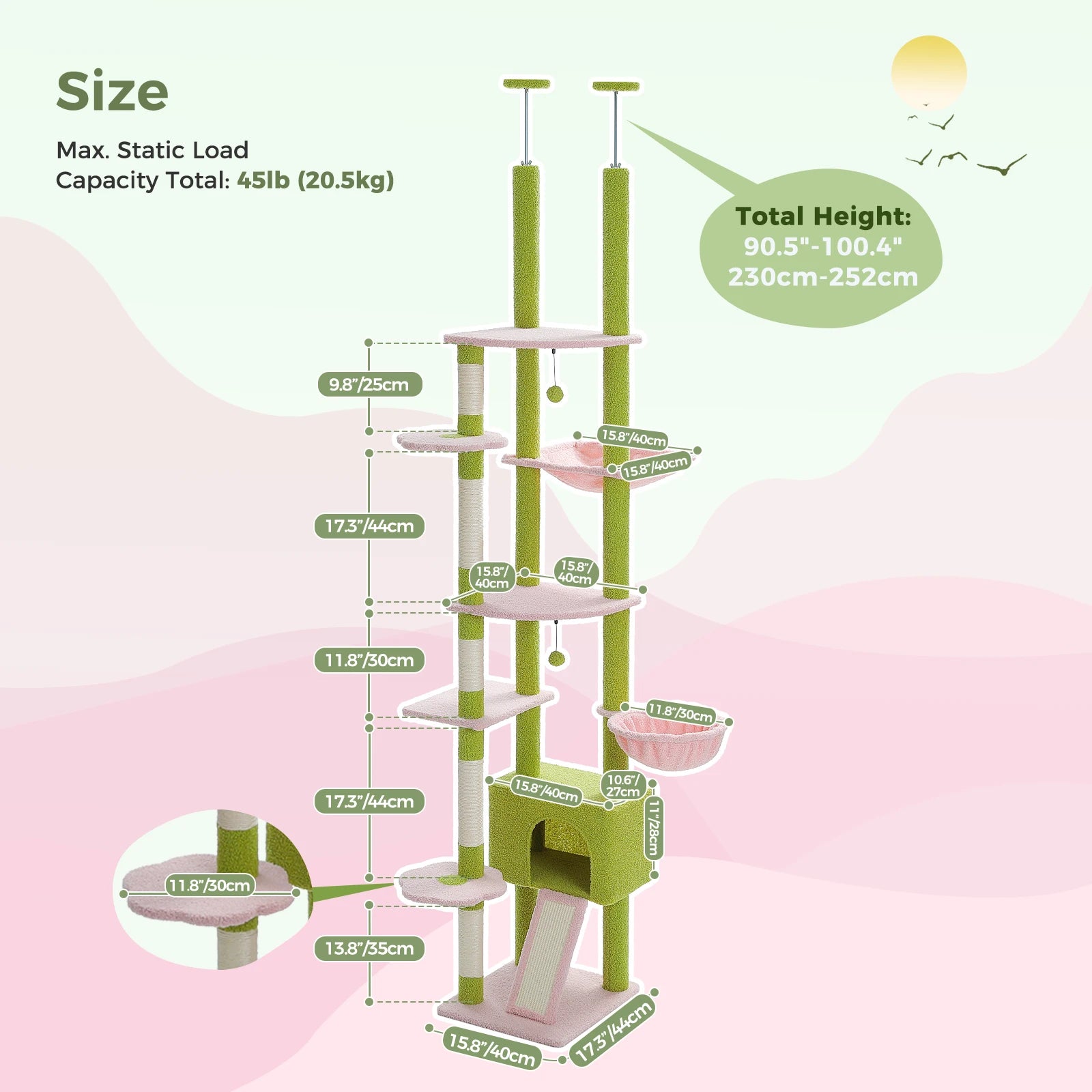 Floor to Ceiling Cat Tower Adjustable Height with Cat Condo Cozy Hammock and Scratching Post