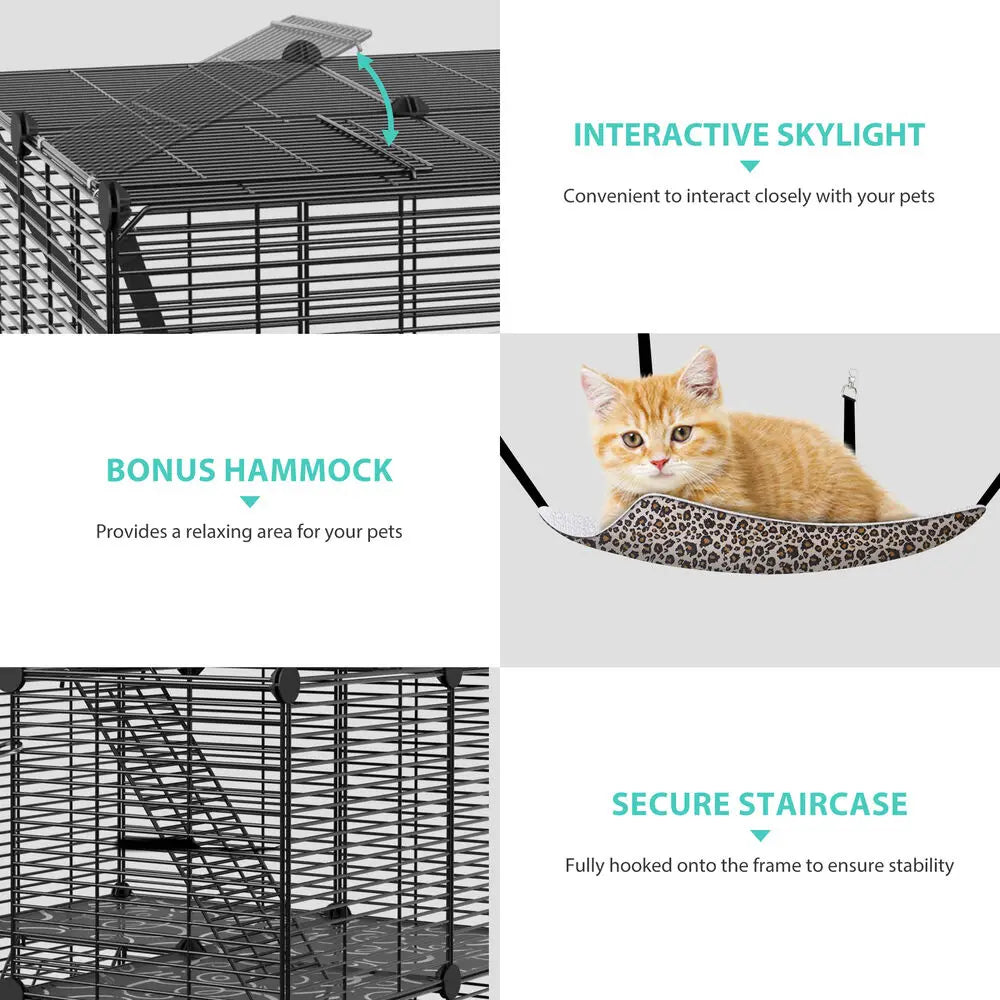 3-Tiers Cat Cage Enclosure Metal Wire Cat Kennel Playpen w/ Hammock for 1-2 Cats
