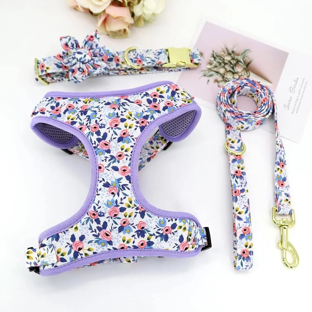 Dog Harness Leash Collar Set Adjustable Floral Soft Mesh  Vest Puppies Girls