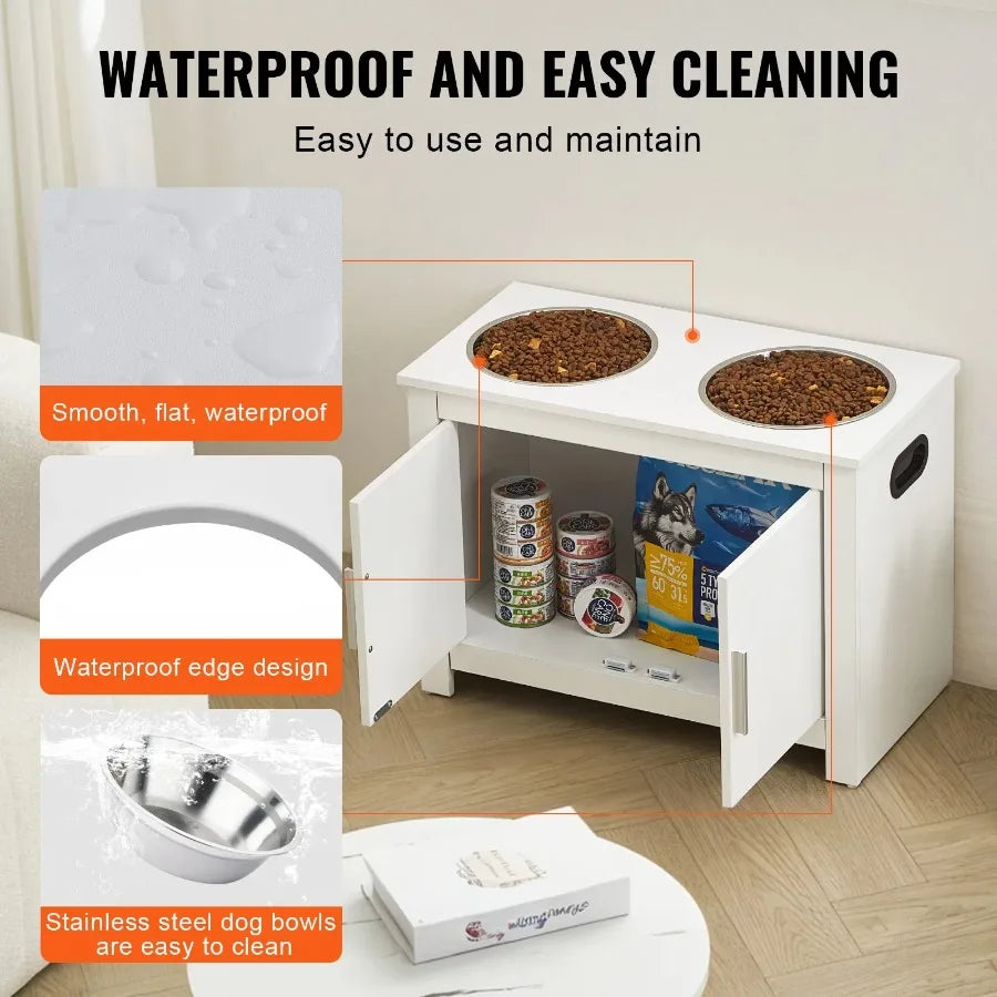 Feeding Station w/ 2 Elevated Dog Bowls Dog Food and Toy Storage Cabinet