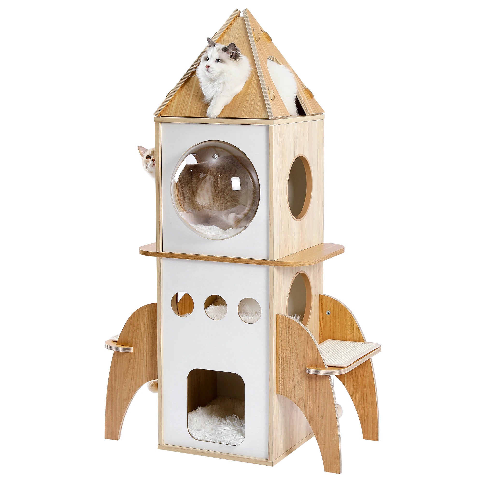 Rocket Cat Tree Tower Multilevel Scratching  Posts, Wooden Cat Tower