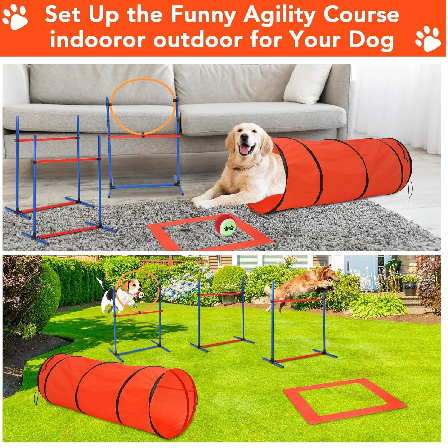87 Pcs Dog Agile Training Equipment Set Obstacle Course Kit with 70" Tunnel Tire Jump Hurdle Jump Weave Poles