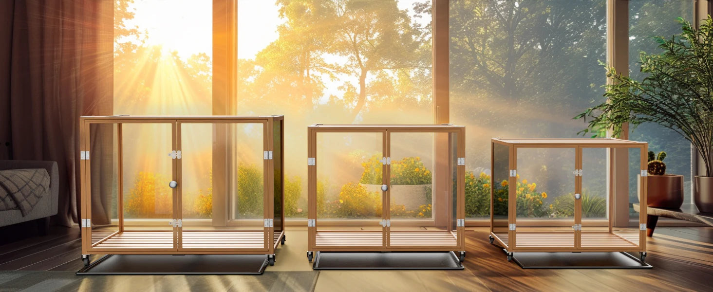 Self-Innovative Dog Cage: First Tempered Glass Dog Cage  Aluminum Frame with Dual Doors and Wheels