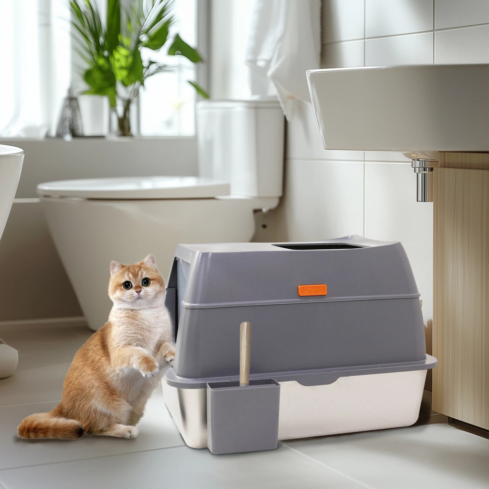 Cat Litter Box with Lid, Enclosed Potty, Large Top Entry Anti-Splashing Toilet, Easy to Clean Including Litter Scoop