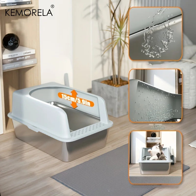 Stainless Steel Litter Box With Litter Mat And Litter Spade Lid High Side