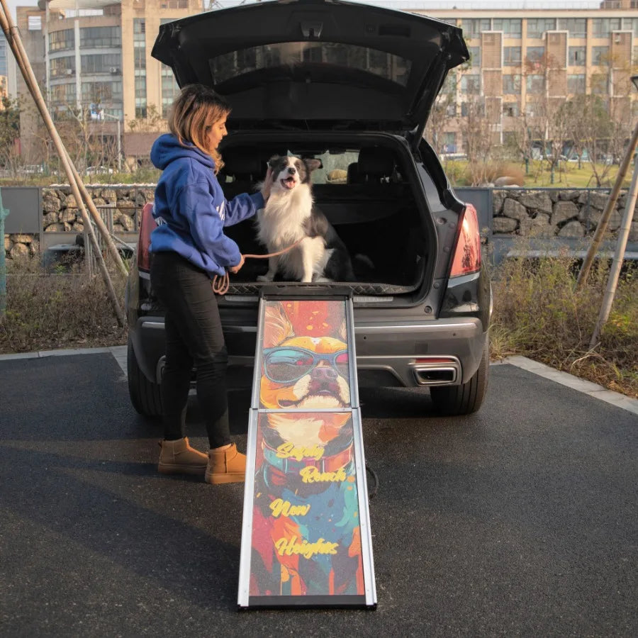 Retractable Aluminum Dog Ramp Portable Pet Steps for Cars Trucks SUVs  with NonSlip Surfaces Colorful Patte