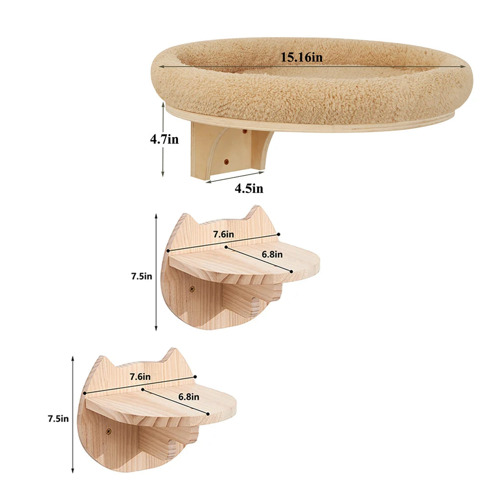 Cat Wall Mounted Solid Wooden Furniture Climbing Ladder and  Hammock with Scratching Post for Activity