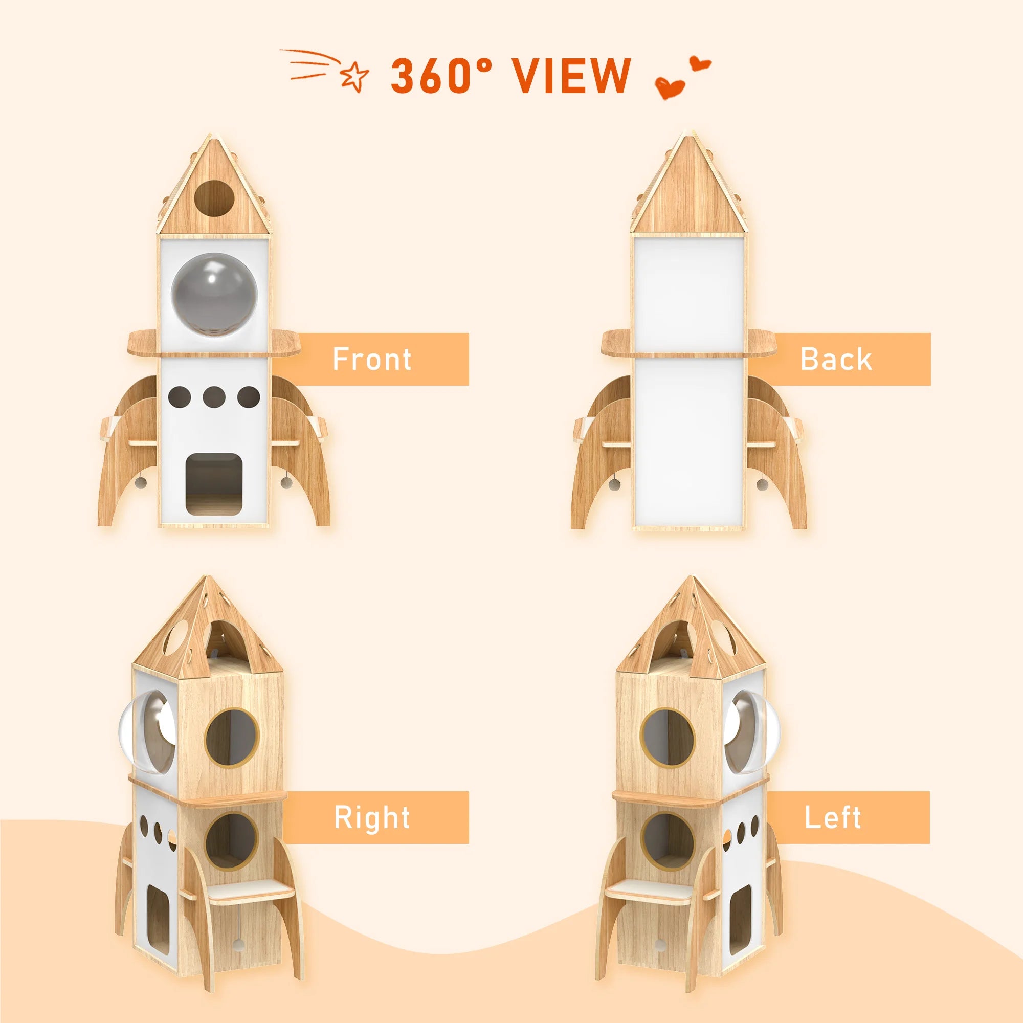 Rocket Cat Tree Tower Multilevel Scratching  Posts, Wooden Cat Tower