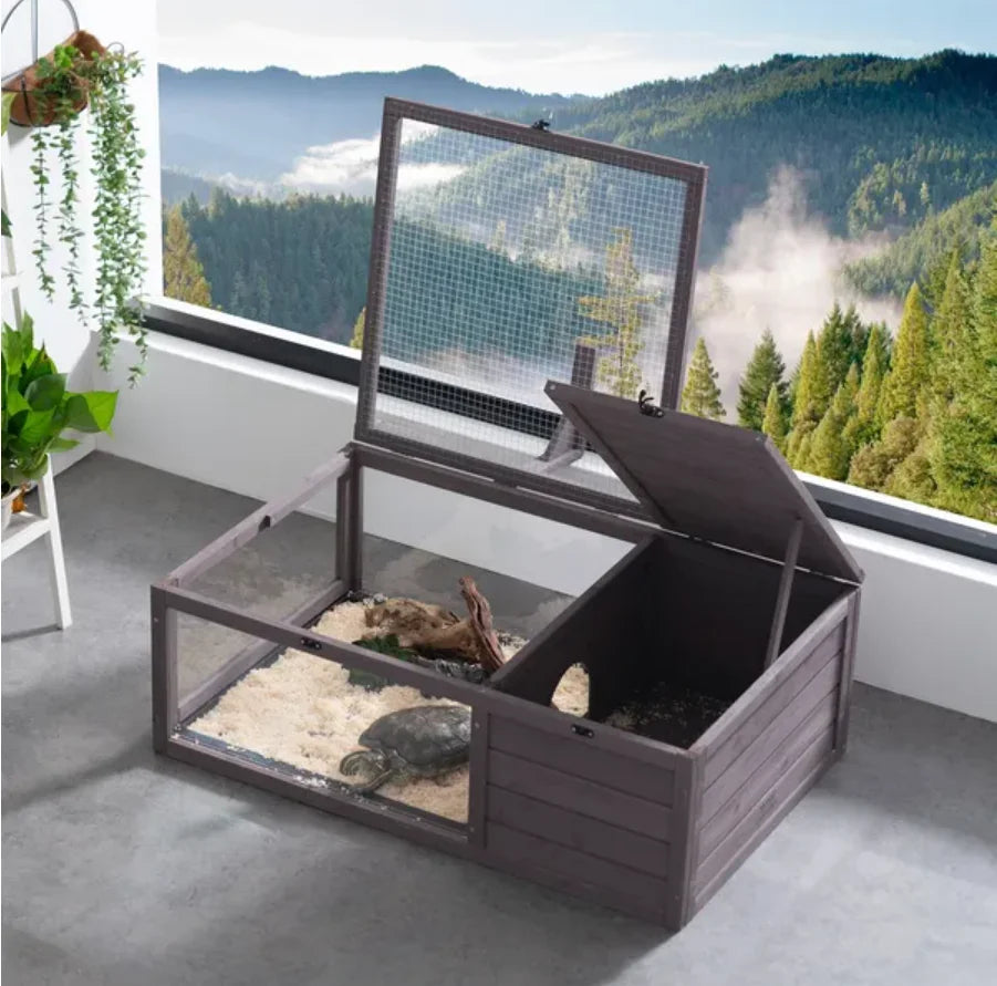 Wooden Tortoise House Indoor & Outdoor 2-Room 38x24x13in