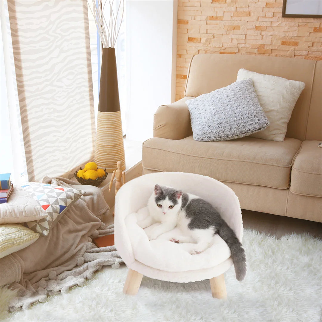 Luxury Cat Bed Soft Warm Plush Fabric Pet Nesting Chair Bed Stool Wood Legs with Cushion Pad Washable Waterproof