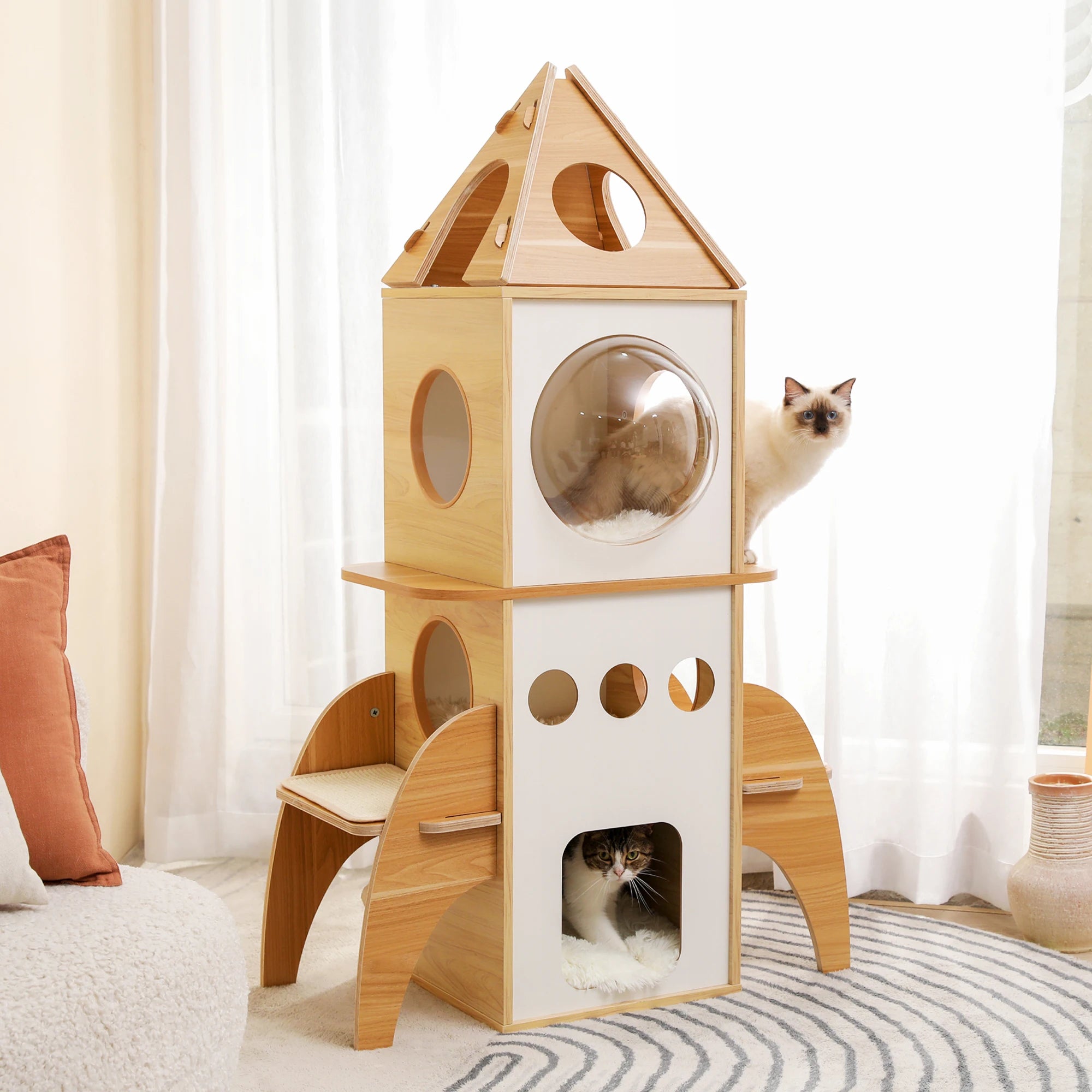 Rocket Cat Tree Tower Multilevel Scratching  Posts, Wooden Cat Tower