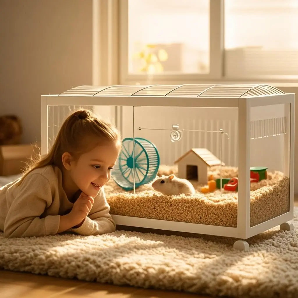 ,360° Viewing Transparent Hamster Habitats with Universal Wheels, Chew-Proof Dual Door