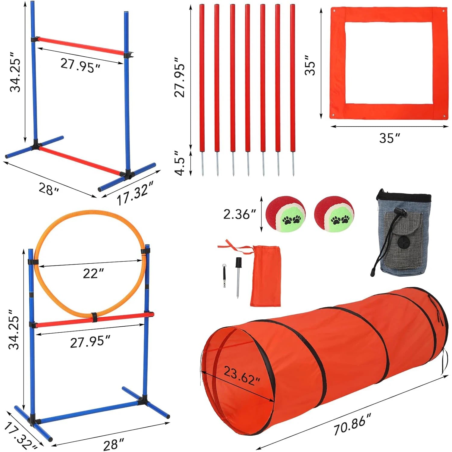 87 Pcs Dog Agile Training Equipment Set Obstacle Course Kit with 70" Tunnel Tire Jump Hurdle Jump Weave Poles