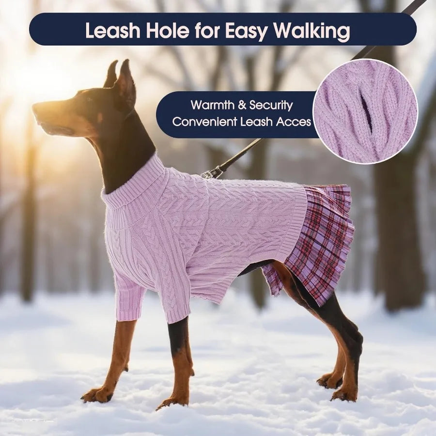 Cute Dog Warm Dress for Fall Winter Extra Large Size Cable Knit Sweater Dress with Good Stretchy Fit for Giant Breed Female Dog