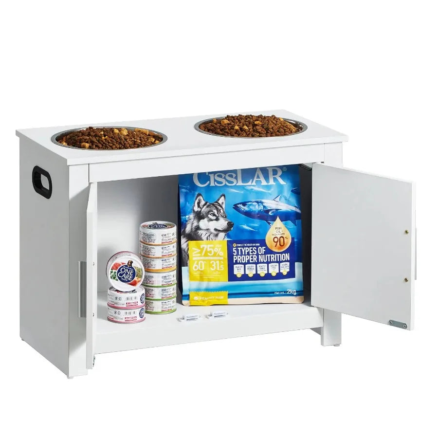 Feeding Station w/ 2 Elevated Dog Bowls Dog Food and Toy Storage Cabinet