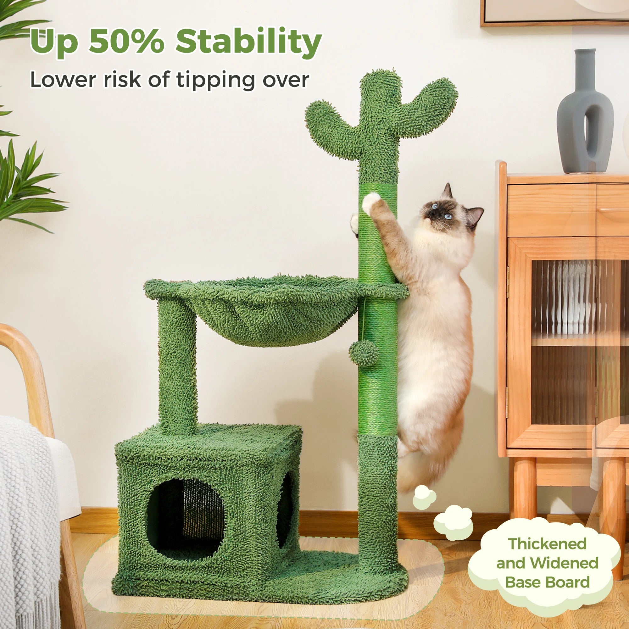 Cactus Cat Tree with Large Condo, Hammock, Dangling Ball