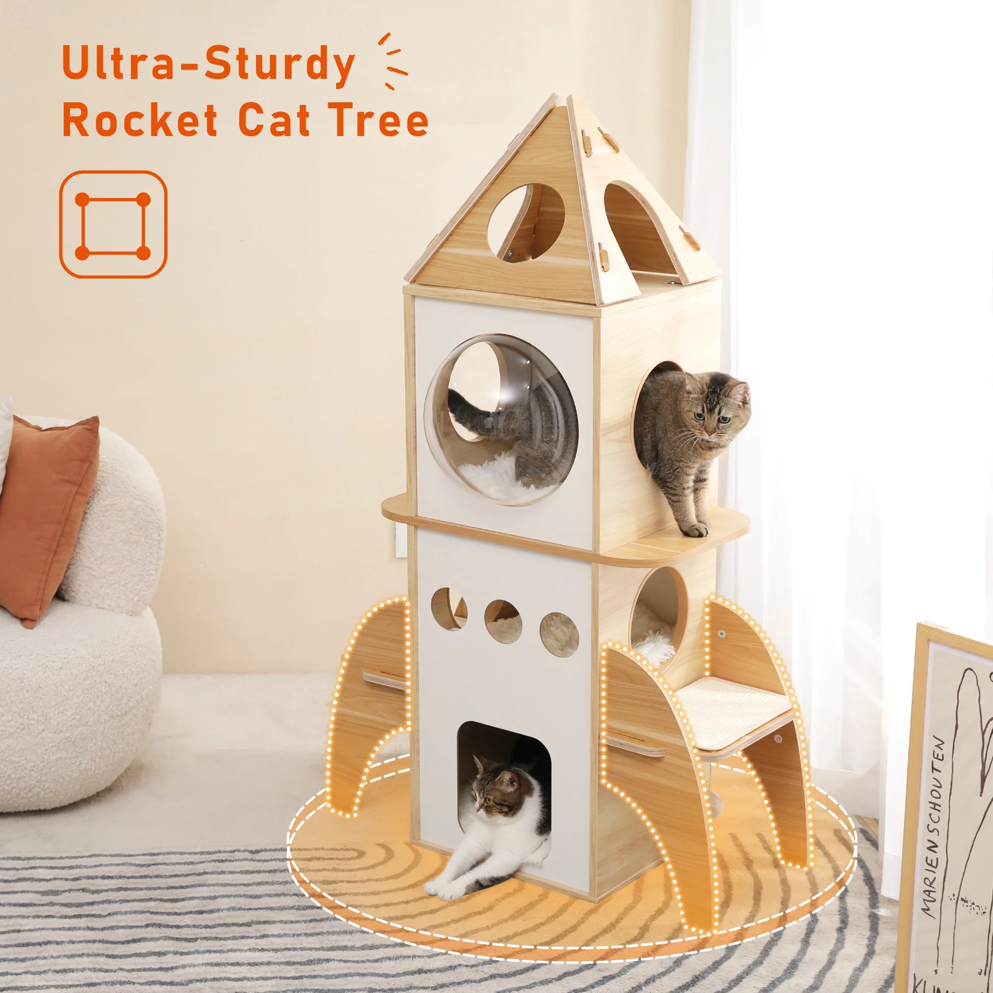 Rocket Cat Tree Tower Multilevel Scratching  Posts, Wooden Cat Tower