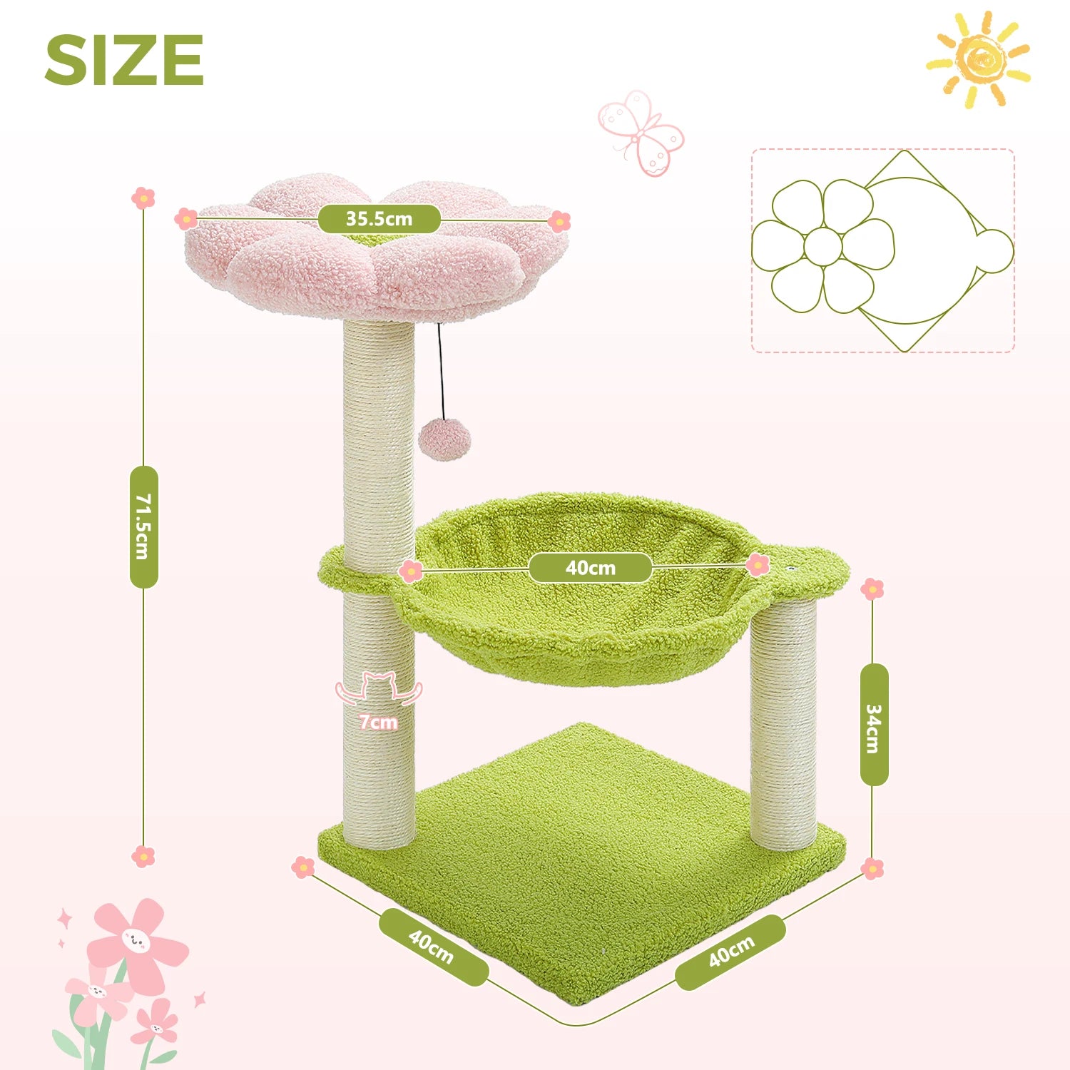 Flower Cat Tree with Sisal Scratching Post Large Hammock Soft Top Perch