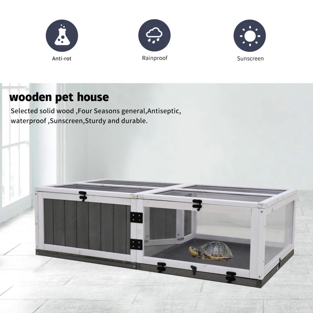 43" Wooden Turtle House Indoor Small Animal Turtle Cage Outdoor Wooden Reptile Cage