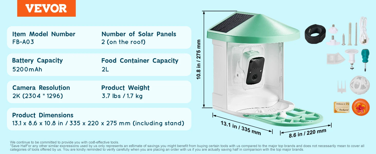 Smart Bird Feeder with Camera 2K HD AI Identify 10000+ Bird Species Solar-Powered Bird Watching Camera with Auto Capture