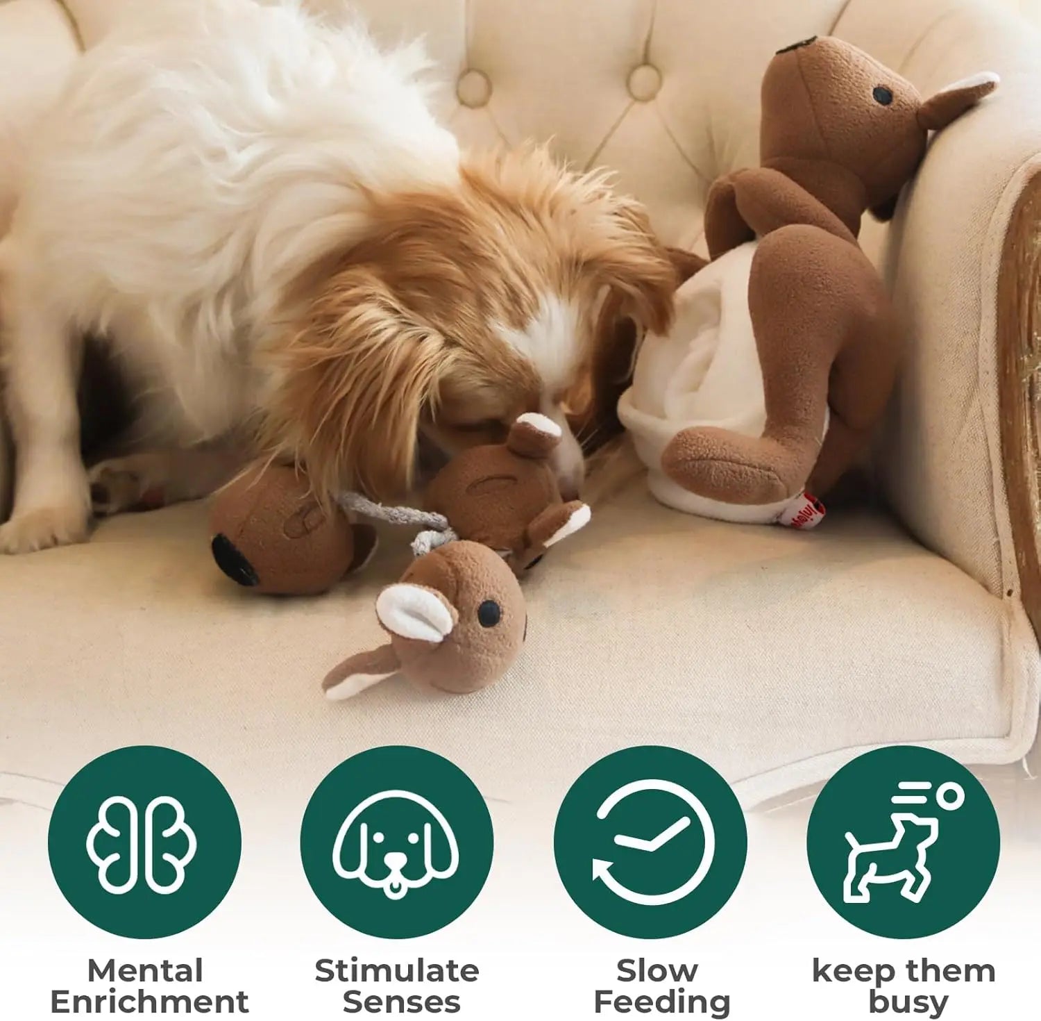 Kangaroo Plush Dog Toy with Squeaker & Treat Pouch