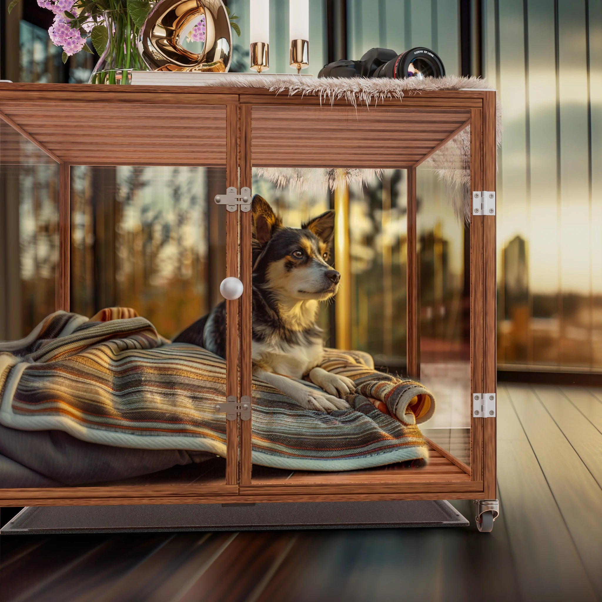 Self-Innovative Dog Cage: First Tempered Glass Dog Cage  Aluminum Frame with Dual Doors and Wheels