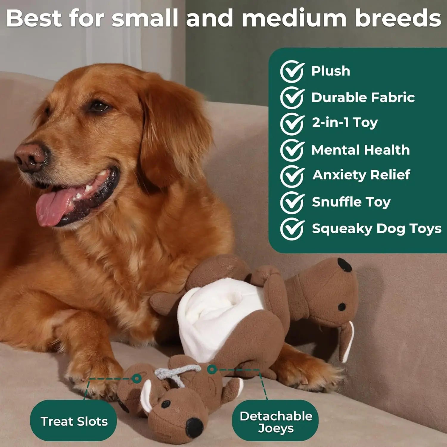 Kangaroo Plush Dog Toy with Squeaker & Treat Pouch