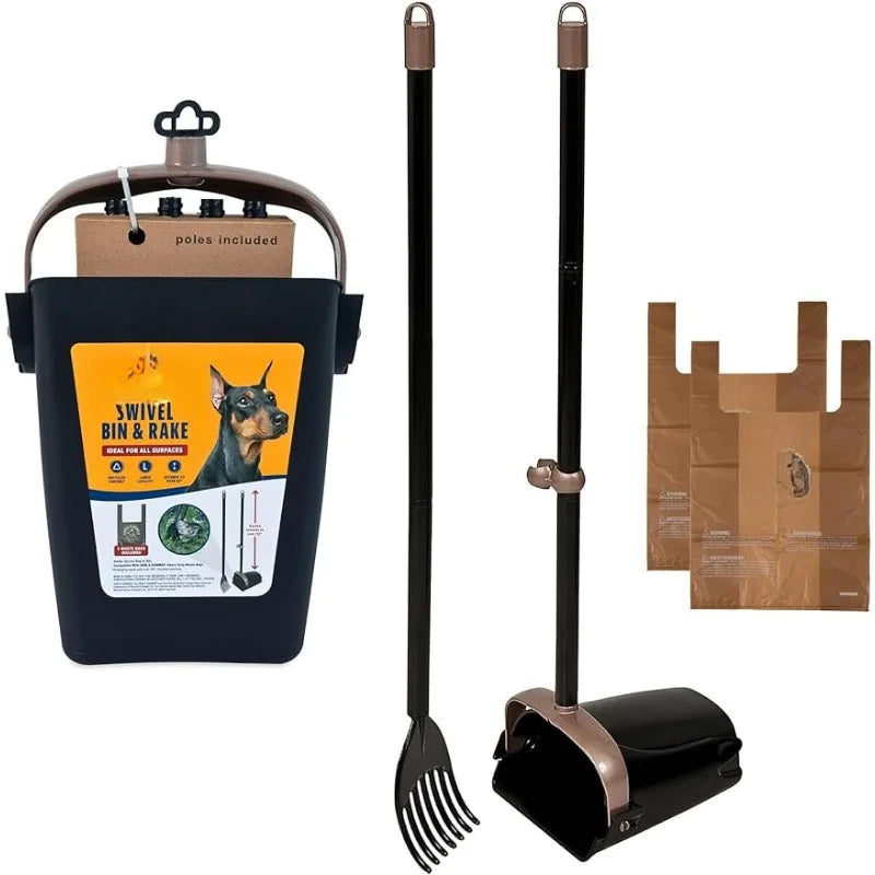 Swivel Bin & Rake Dog Poop Scooper, Black (2 Scented Waste Bags Included)
