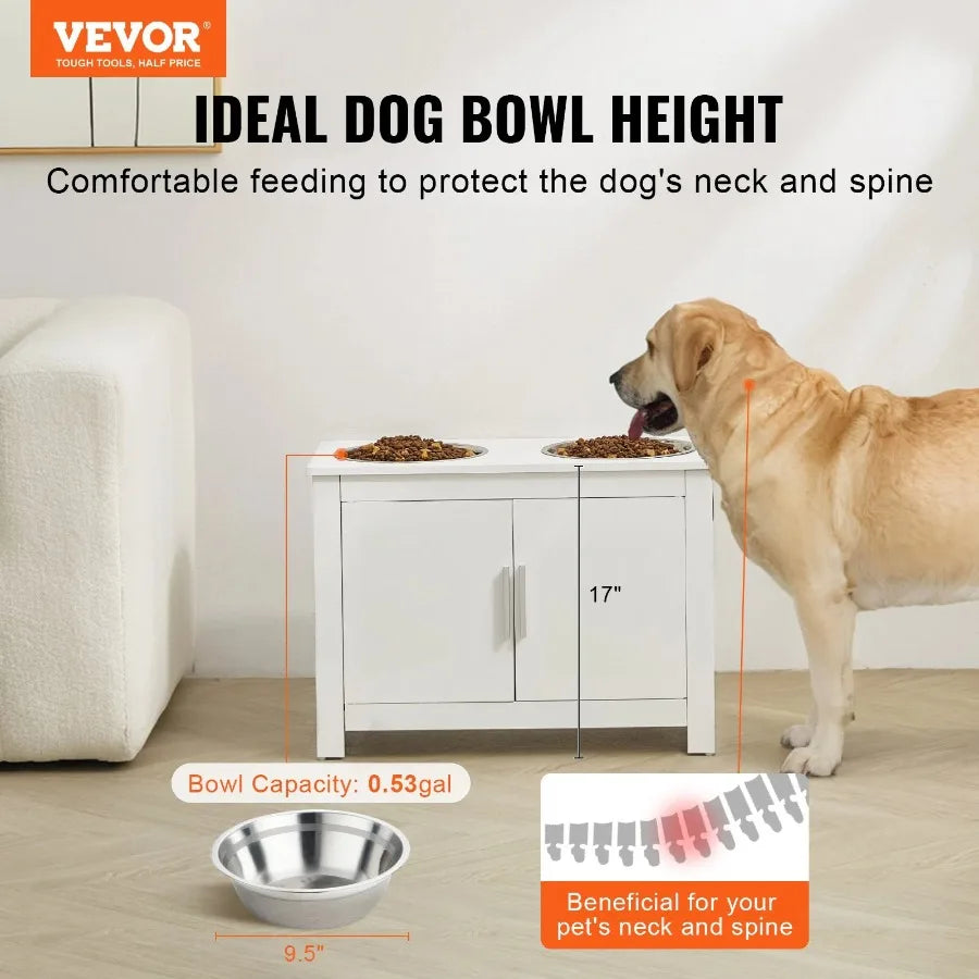Feeding Station w/ 2 Elevated Dog Bowls Dog Food and Toy Storage Cabinet