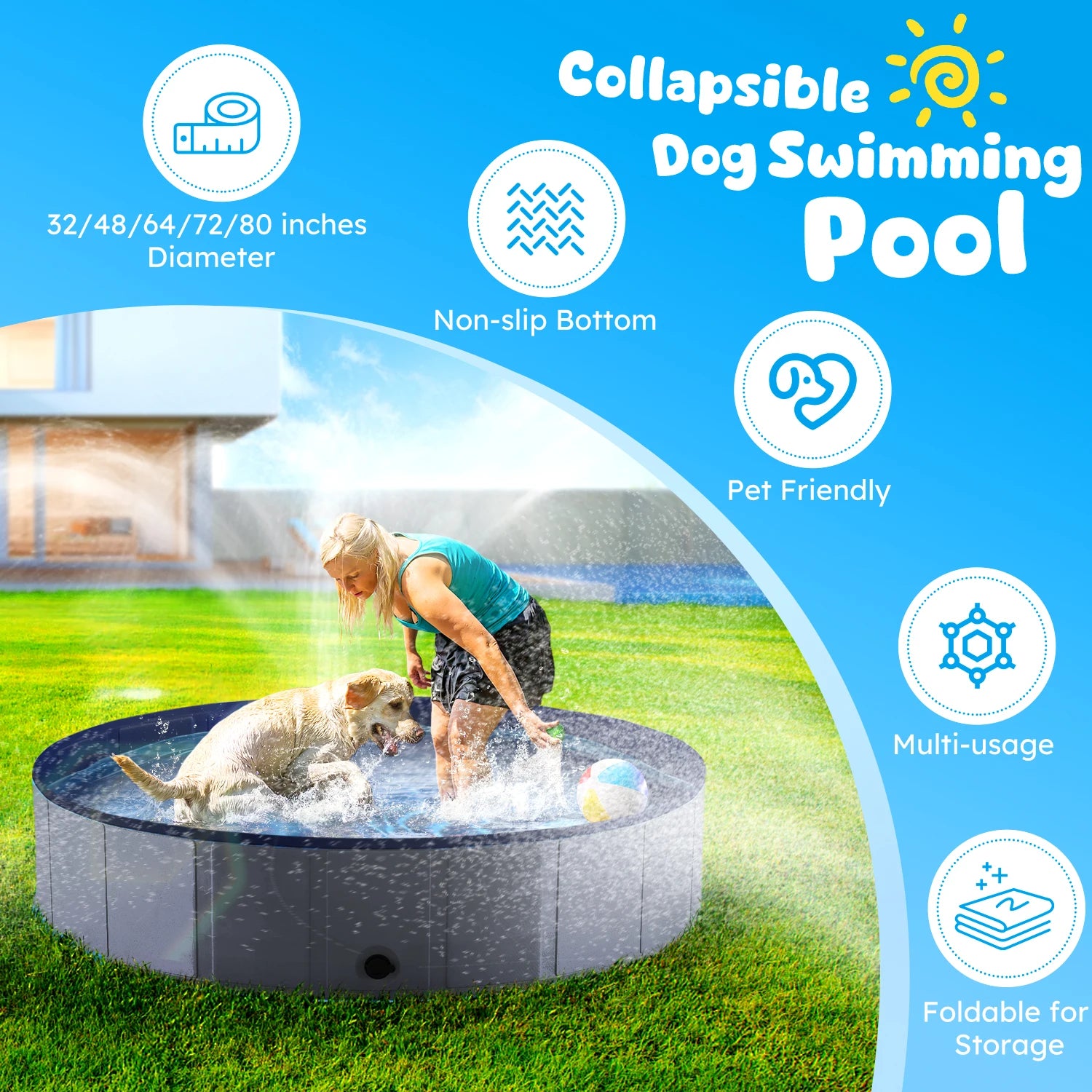 Foldable Pet Swimming Tub, Anti-Slip Collapsible, Hard Plastic