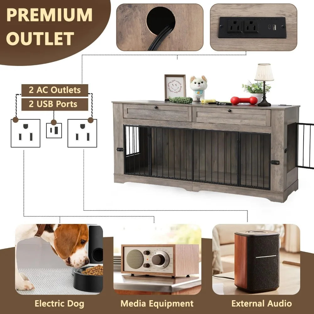 Wooden Dog Cage End Table with Charging Station