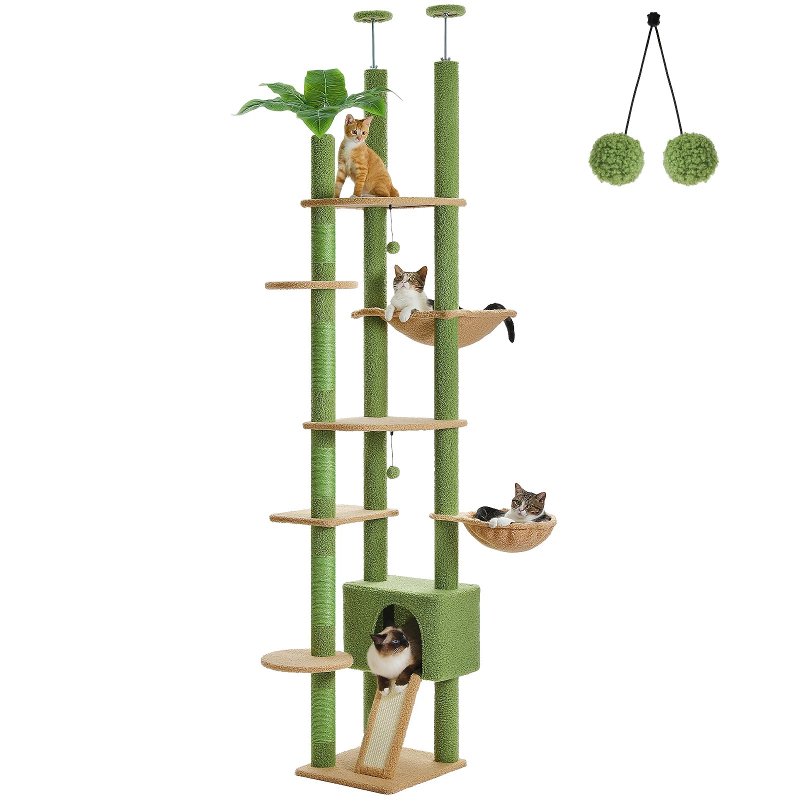 Floor to Ceiling Cat Tower Adjustable Height with Cat Condo Cozy Hammock and Scratching Post
