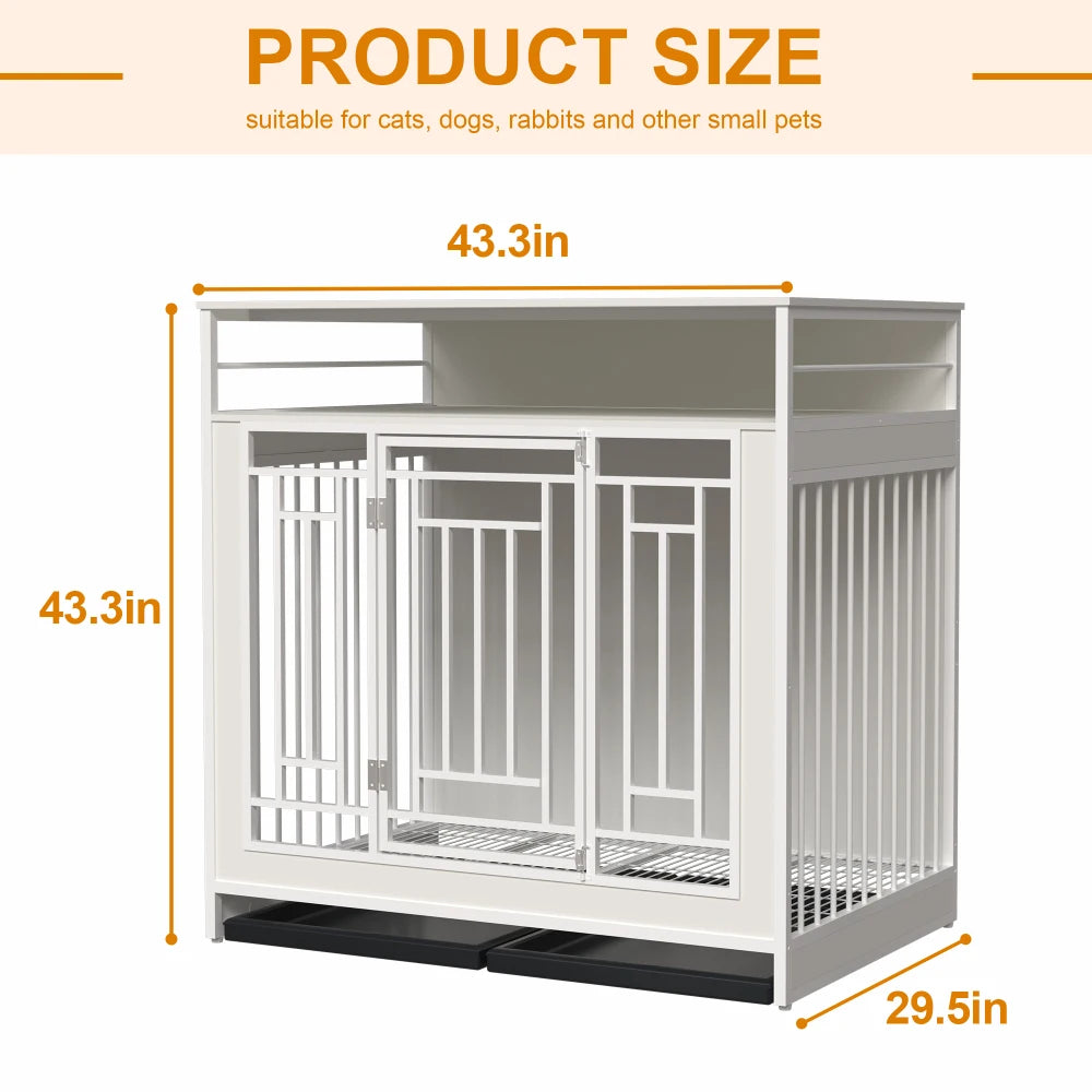 43.3 inch Dog Crate Furniture for Large Dogs ,Wooden with Divider, Double Door Dog with Three Drawers Storages