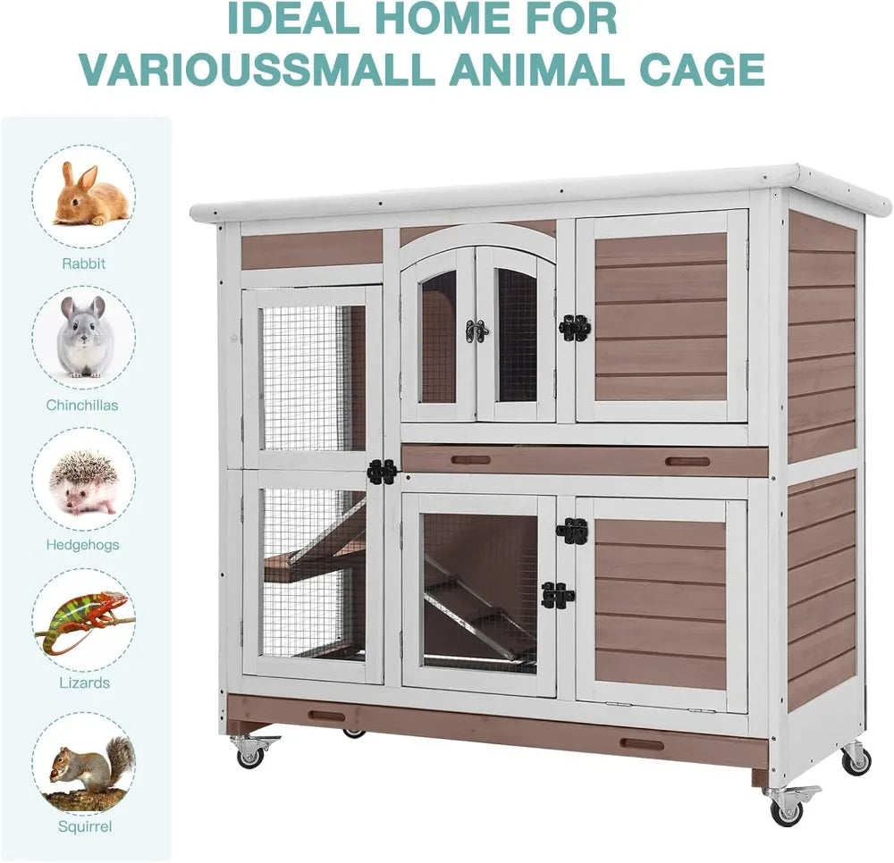 Rabbit Hutch Indoor Bunny House Guinea Pig Cage with Sliding Plastic Trays, Wheels & Ramp, Multi-Door