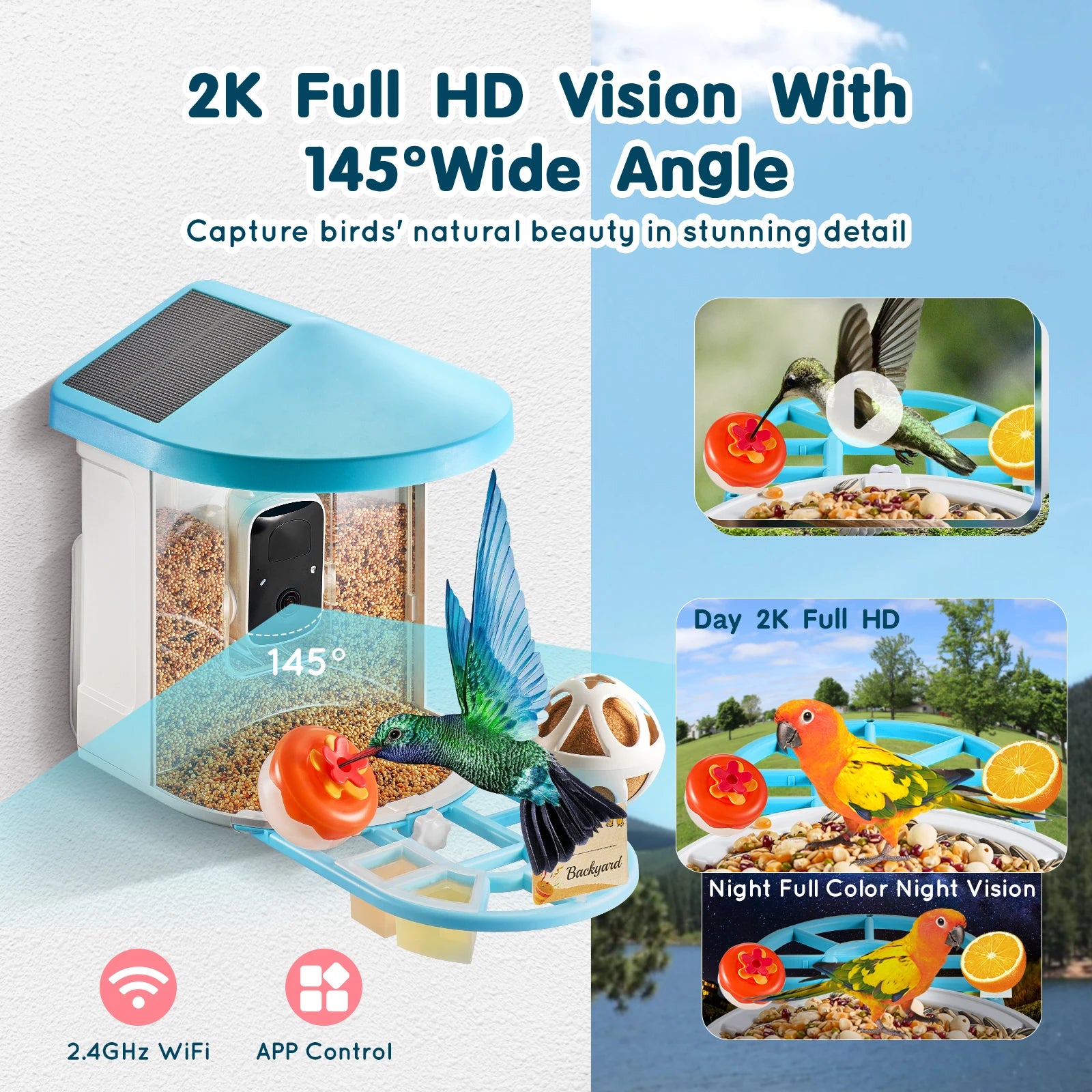 Smart Bird Feeder with Camera 2K HD AI Identify 10000+ Bird Species Solar-Powered Bird Watching Camera with Auto Capture