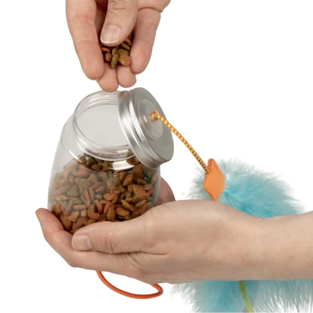 Cat Toy Treat Dispenser with Colorful Feathers and Ribbons