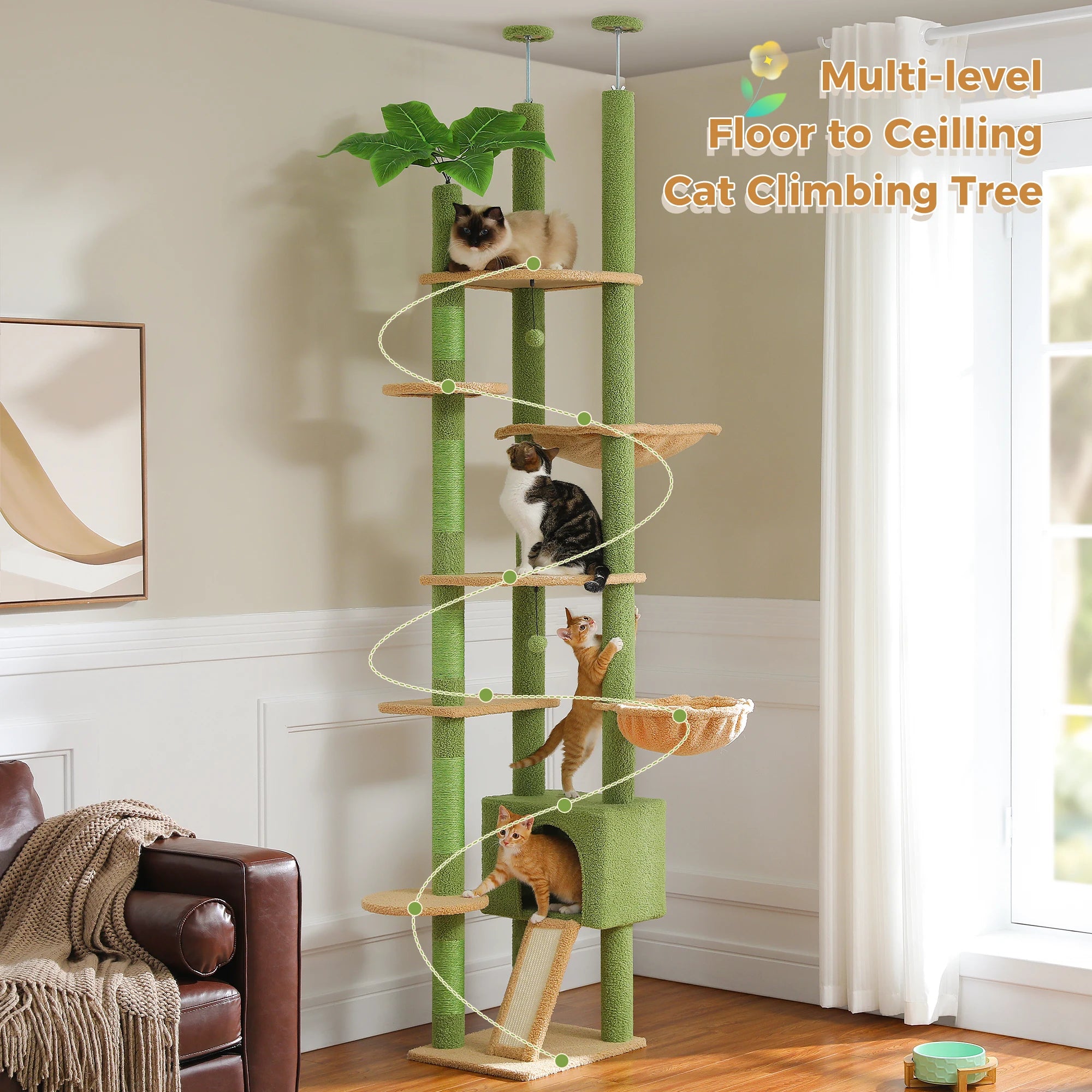 Floor to Ceiling Cat Tower Adjustable Height with Cat Condo Cozy Hammock and Scratching Post