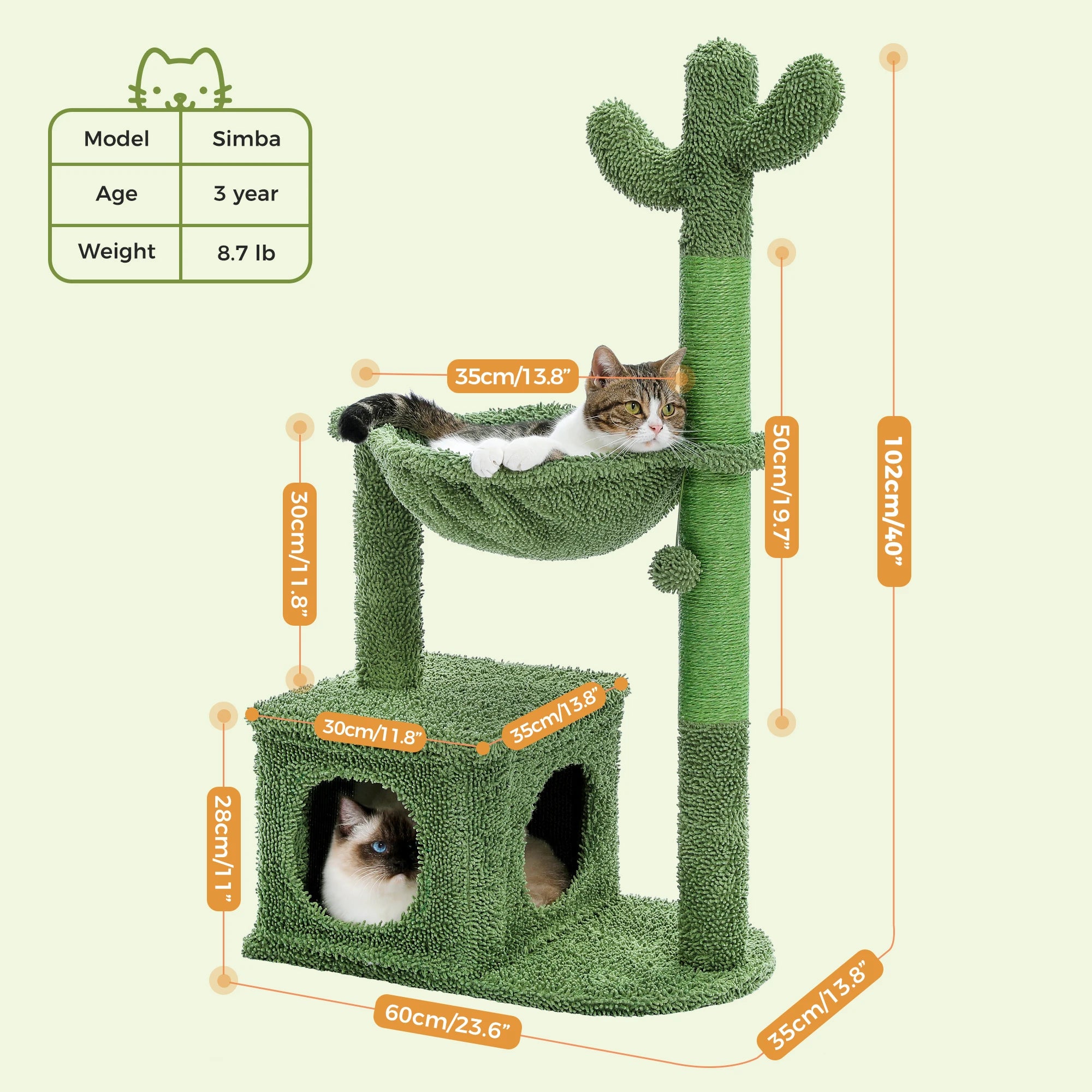 Cactus Cat Tree with Large Condo, Hammock, Dangling Ball
