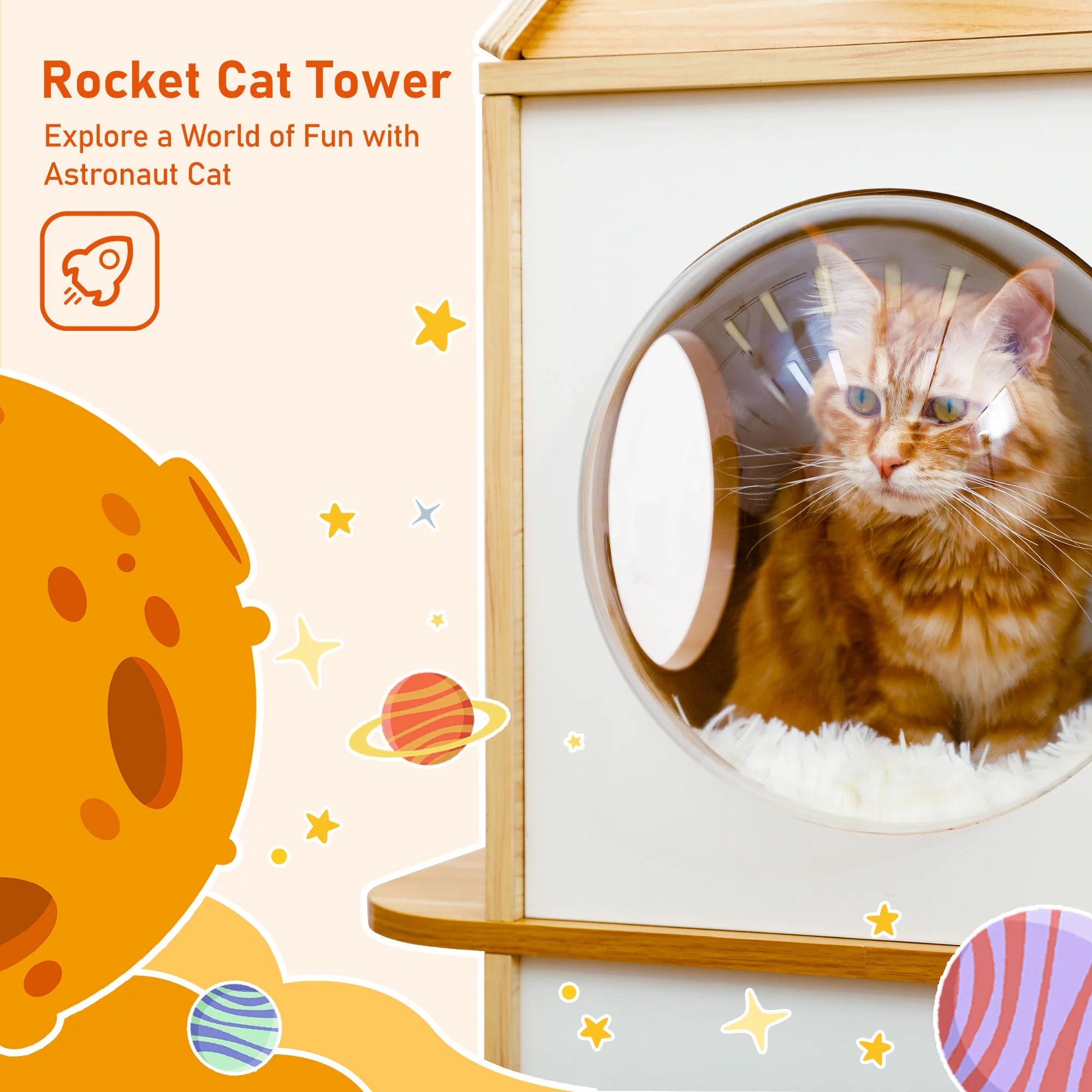 Rocket Cat Tree Tower Multilevel Scratching  Posts, Wooden Cat Tower