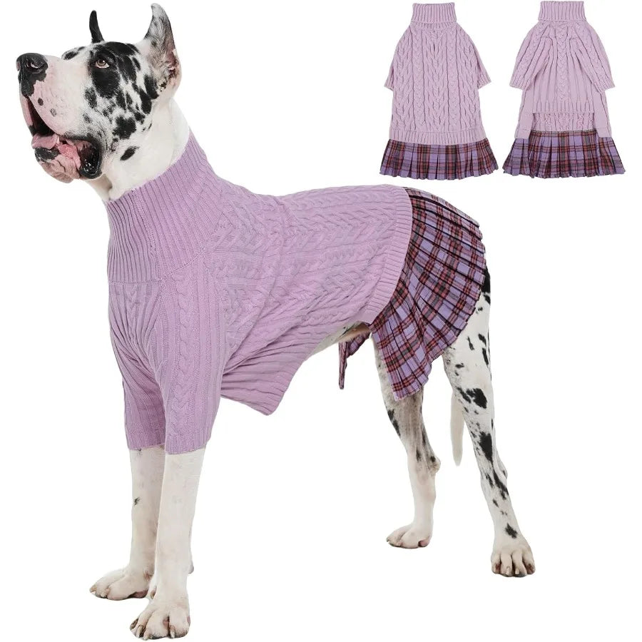 Cute Dog Warm Dress for Fall Winter Extra Large Size Cable Knit Sweater Dress with Good Stretchy Fit for Giant Breed Female Dog
